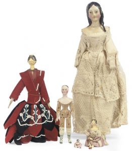 TWO WOOD AND COMPOSITION DOLL'S HOUSE DOLLS