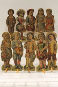 1850-70s lithographed paper over wood stand-up Victorian children