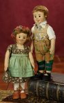 PAIR, WONDERFUL GERMAN CLOTH CHARACTER CHILDREN BY STEIFF WITH BUTTONS IN EAR